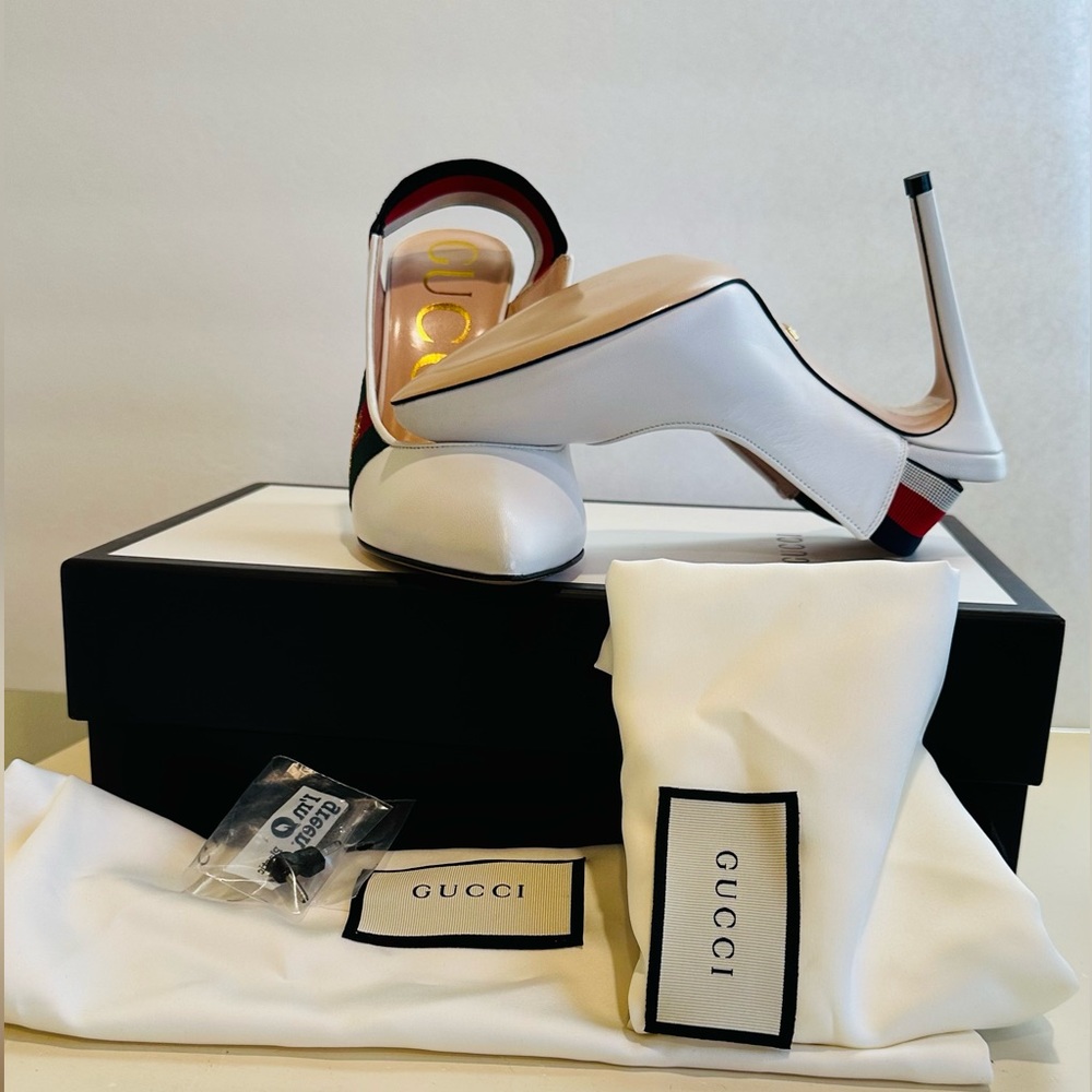 Gucci Sylvie Leather Slingback Pumps with Bee in White 36.5 - Picture 15 of 16